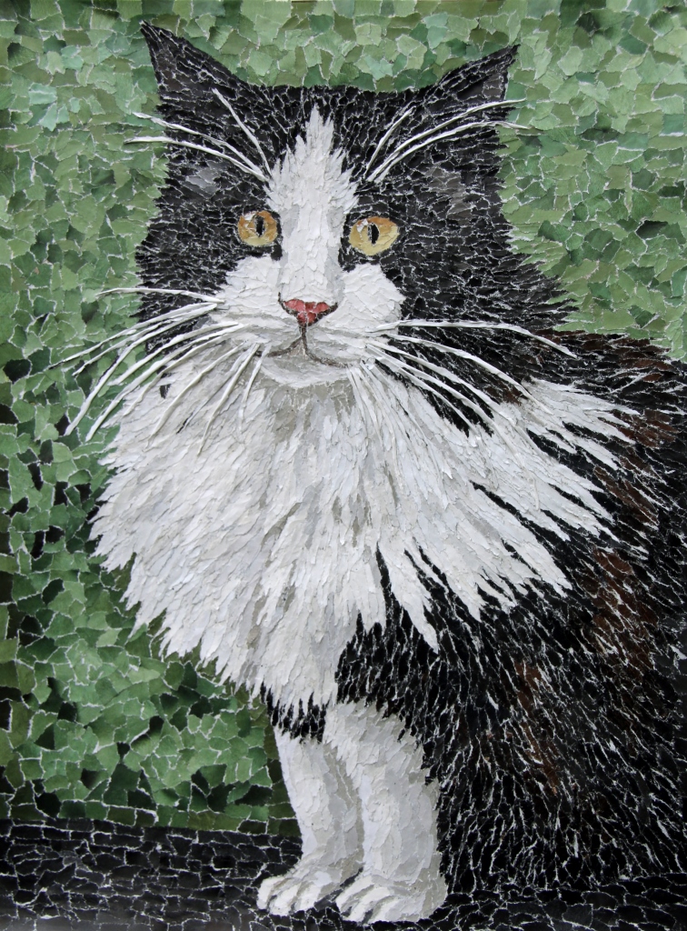 Black and white cat torn paper collage by Tamara Jaeger
