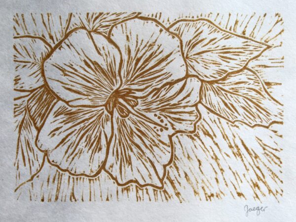 gold hibiscus flower linocut print by tamara jaeger