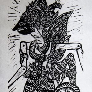 Shadow puppet black and white linocut print by Tamara Jaeger