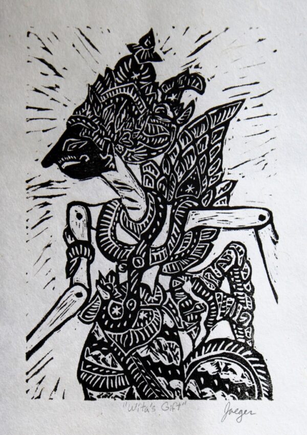 Shadow puppet black and white linocut print by Tamara Jaeger