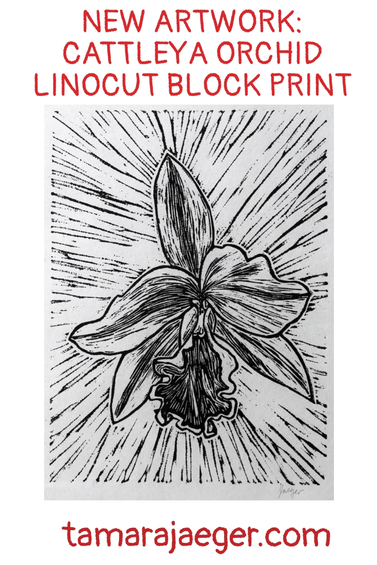 Cattleya Orchid Linocut Block Print by Tamara Jaeger