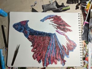 Betta fish torn paper collage in progress